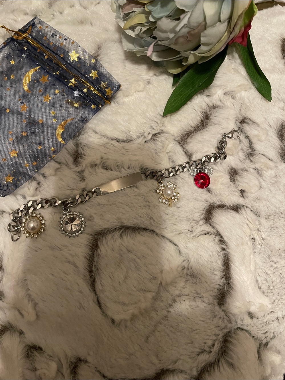 Silver Charm I D Bracelet with Pearl & Red Crystal Accents 9”